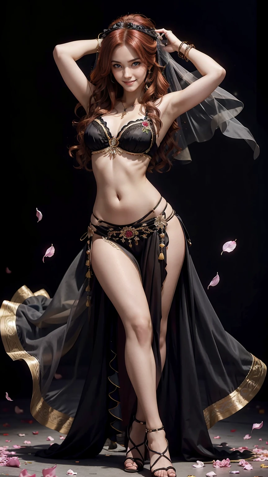 24-year-old Caucasian woman、Hair color is reddish、Hair is wavy、Eye color is blue、long hair、Hair is tied back、slender、smile、My abs are cracked、slenderだが均整の取れた細マッチョ、I'm wearing pin heels、smile、accessories on the wrist、wearing a belly dance costume、hiding the mouth with a veil、dancing belly dance、Pitch black background、petals are dancing