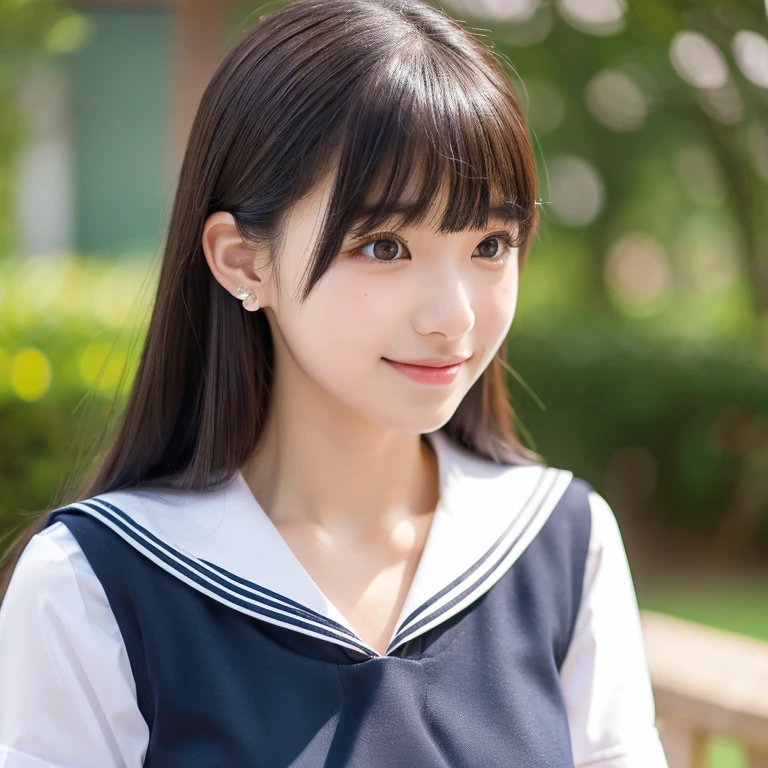 ultra high resolution, the best, 8K, realistic, high school student, Beautiful woman, adult charm,very , looking at the camera,big breasts, sexy look, Between the arms to create cleavage, bring your chest closer, beautiful clavicle, beautiful navel, smile, smile, luster, Big eyes, student highlights, Clear double eyelids, eyelash, long neck, shortcut,boyish,dark black hair, bangs, attractive bangs, beautiful bangs, classroom, stick out your ears, sailor suit, school uniform, checked skirt, skin oil, luster on lips