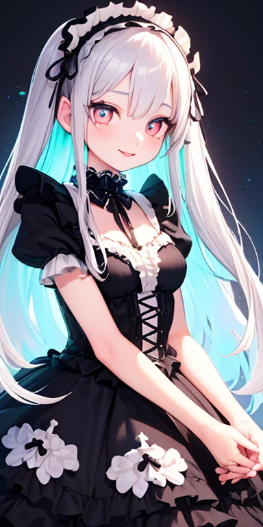 (silver hair,colorful fluorescence multicolored hair:1.5,straight hair:1.5), (masterpiece, sidelights, exquisite beautiful eyes: 1.5), masterpieceportrait, realistic, ((dark horror background:1.5)),(Gentle face:1.5),colorful,3D face,(cute face),front view: 1.6、 (glowing red eyes:1.2),(tareme:1.5)、(Gentle smile:1.5),((blue lip rouge:1.2)),Slim Body, shiny hair, shiny skin: 1.5、medium breasts,、solo,(stand)、(gothic ta dress:1.5)、(charactor focus:1.5、portlate、eye focus,cowboy shot)、bright atmosphere,intricatedetails