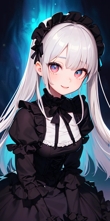 (silver hair,colorful fluorescence multicolored  hair:1.5,straight hair:1.5), (masterpiece, sidelights, exquisite beautiful eyes: 1.5), masterpiece*portrait, realistic, ((dark horror background:1.5)),(Gentle face:1.5),colorful,3D face,(cute face),front view: 1.6、 (glowing red eyes:1.2),(tareme:1.5)、(Gentle smile:1.5),((blue lip rouge:1.2)),Slim Body, shiny hair, shiny skin: 1.5、medium breasts,、solo,(stand)、(gothic lolita dress:1.5)、(charactor focus:1.5、portlate、eye focus,cowboy shot)、dark atmosphere,intricatedetails