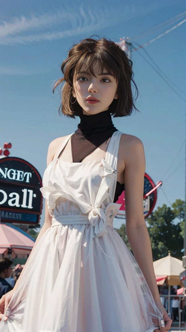 1 girl, slim,thin, small breasts,Shoulder length Fluffy short curly hair ,white dress,looking at the camera,Amusement Park, Ferris Wheel