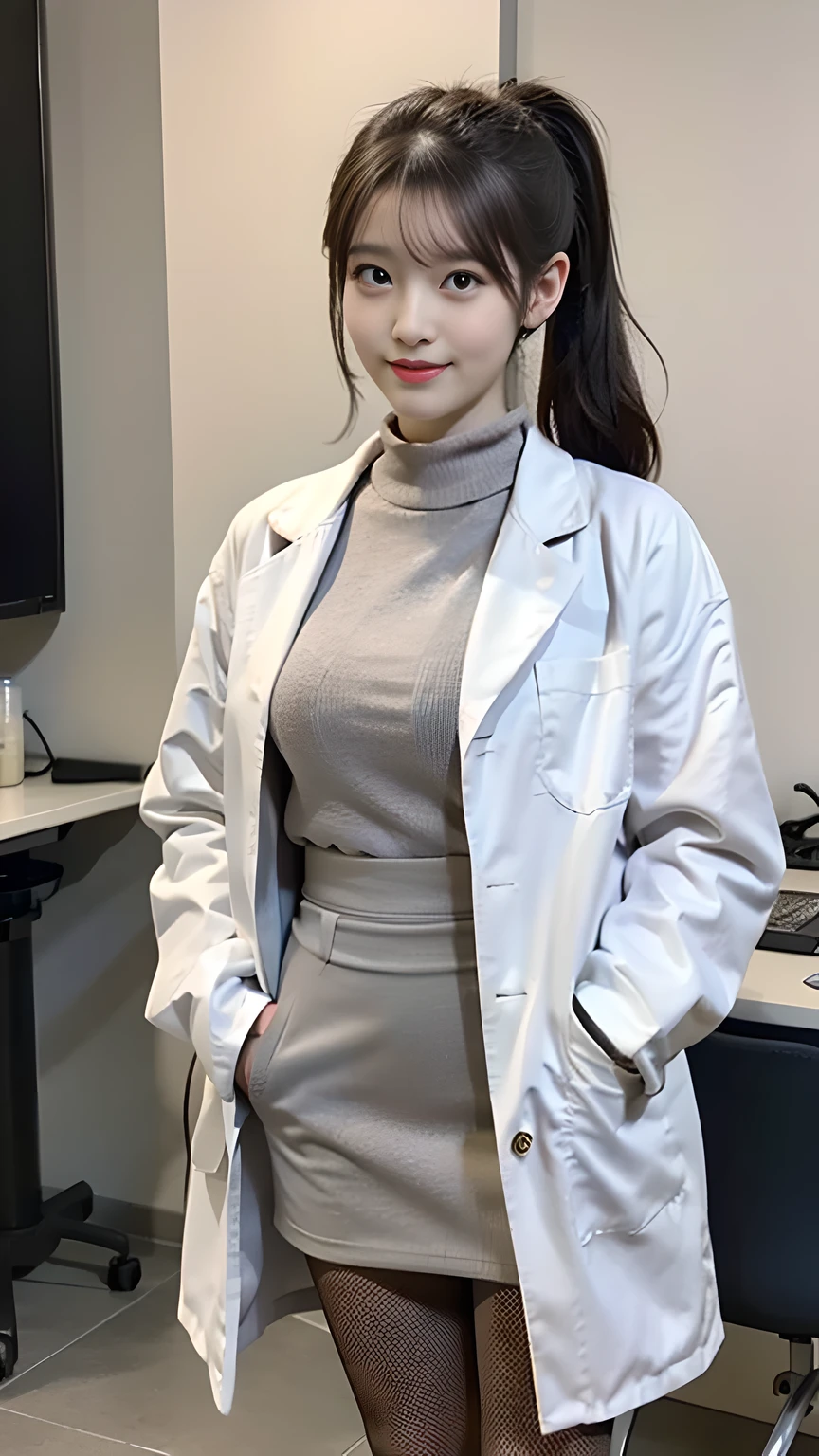Brazilian psychologist, with shoulder-length wavy red hair, displaying a natural, well-groomed glow. His brown eyes reflect a serious and confident look., highlighting your professional expression, Dressed in a neutral-toned turtleneck blouse and beige tailored pants, combined with a psychology lab coat conveying a professional and elegant image, The hospital office environment is bright and professional, The psychologist shows a serious and confident expression, conveying authority and professionalism, Your upright and confident posture reflects your role as a professional in the hospital environment., balancing elegance and seriousness with competence, portrait of south korean singer amber liu.