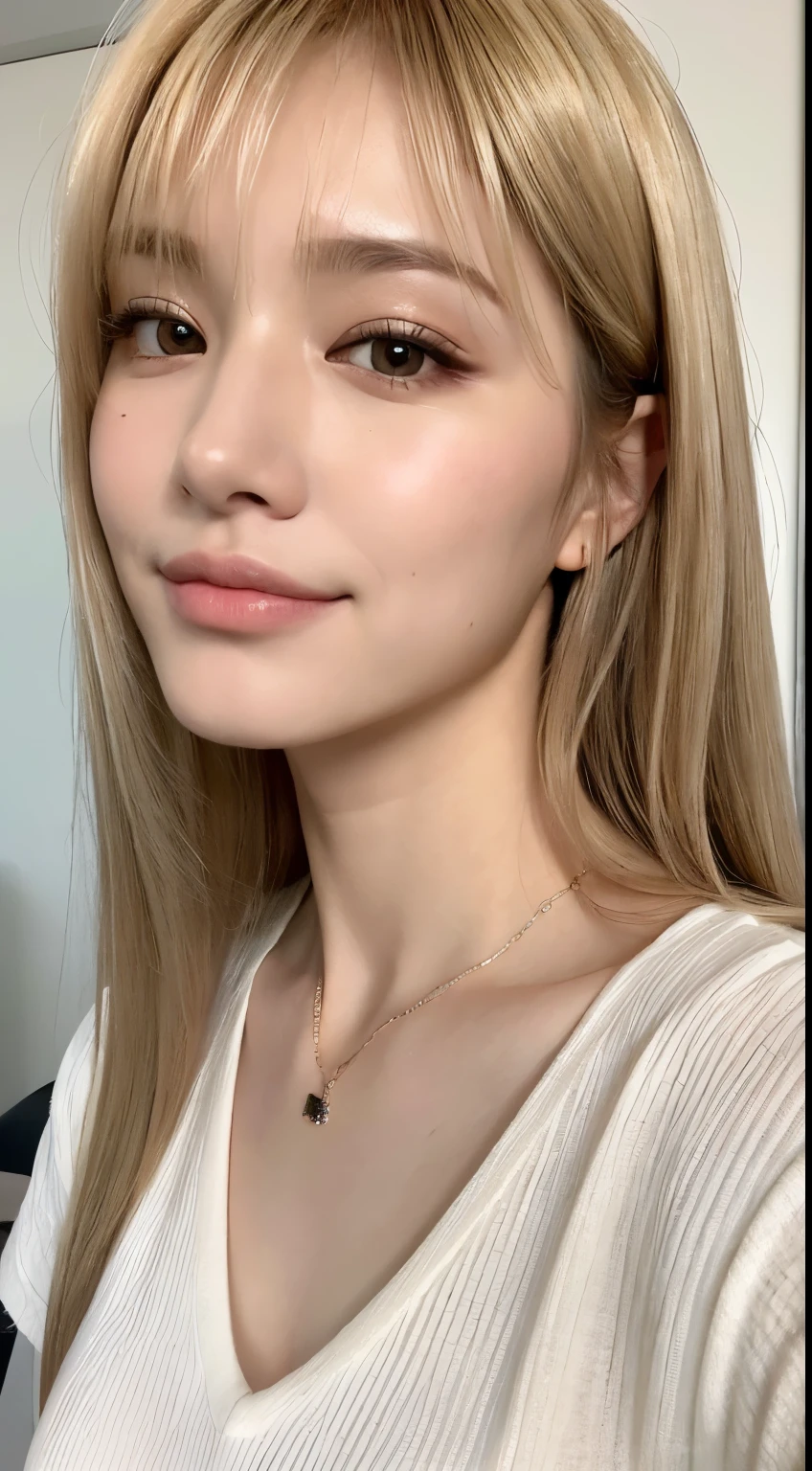 (top quality, 8k, masterpiece: 1.3), beautiful woman with perfect figure: 1.4, blonde straight hair, (dull bangs: 1.2), pendant, white t-shirt, office, highly detailed face and skin, detailed eyes, double eyelids, small flat breasts, smile