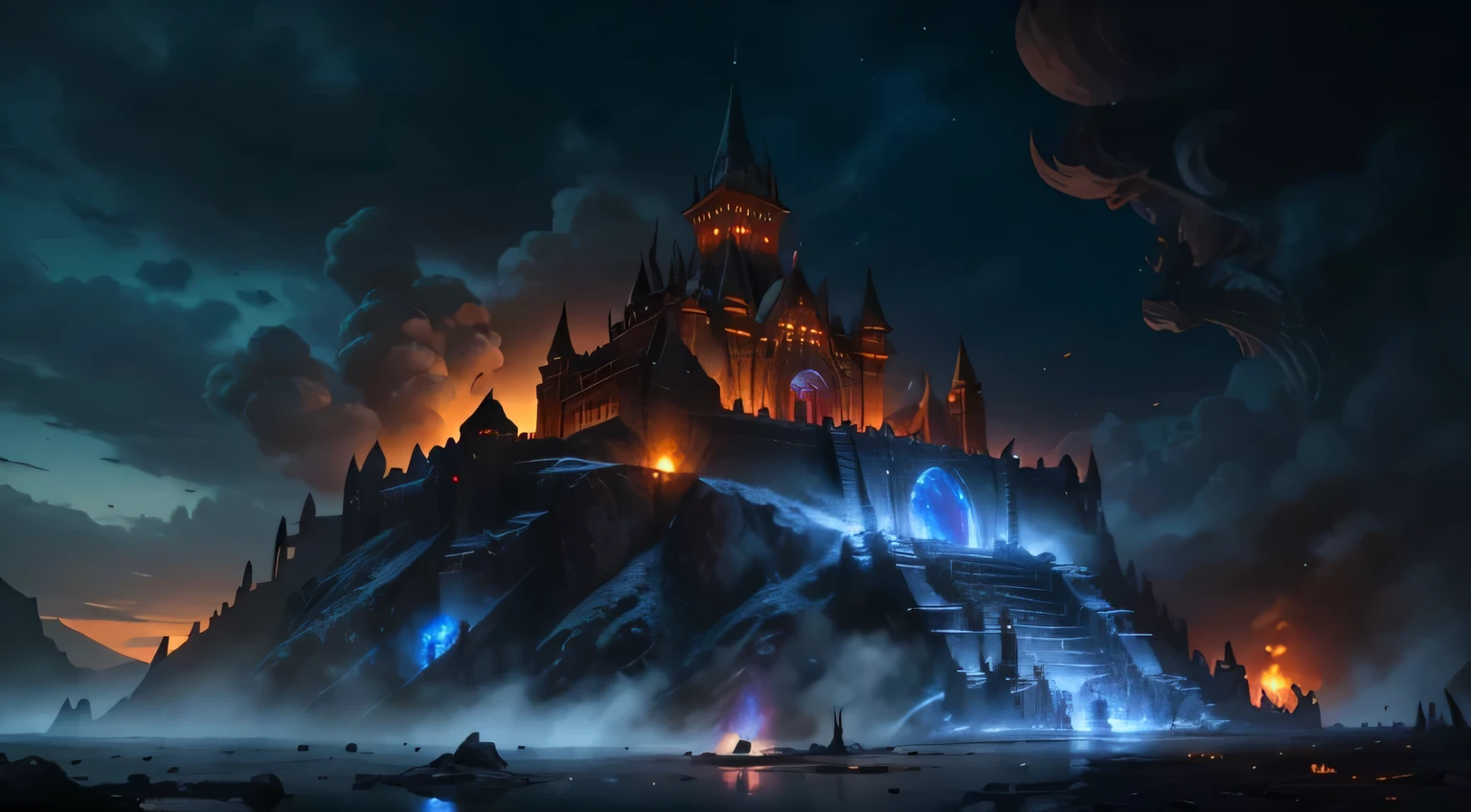 Crie a imagem de um grande castelo em uma colina com uma fogueira no centro, retratando uma cidade antiga em chamas, ruins of a destroyed castle, caos e inferno engolindo a cena. O estilo deve lembrar a arte conceitual de Dark Souls, com um fundo infernal inspirado em DOTA. A arte deve ser uma pintura fosca adequada para a arte conceitual do personagem Ragnarok, hiper-realista como Dungeons & Dragons Fantasy Art. Inclui elementos de arte de jogos de fantasia medieval com um personagem mago Ragnarok em destaque.
