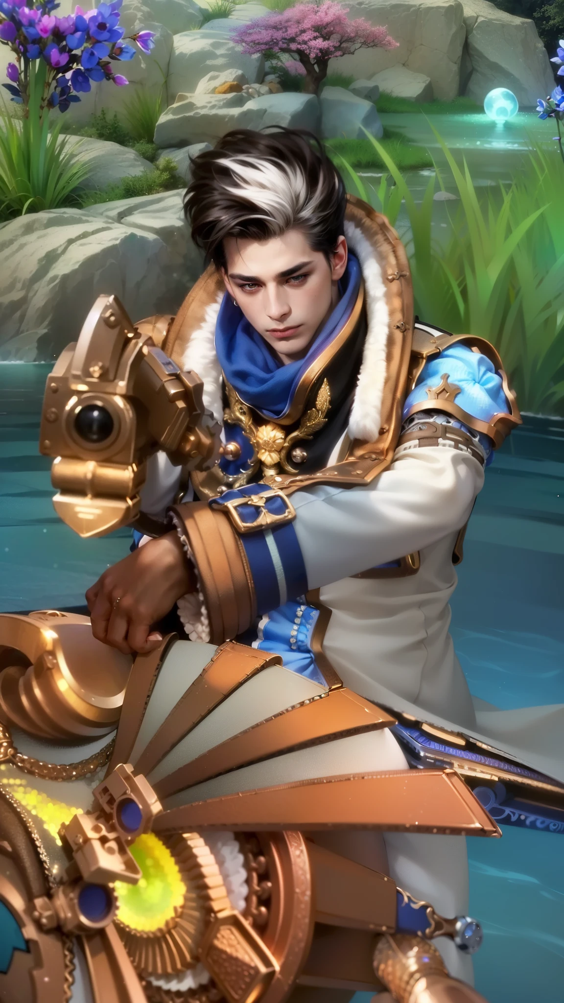 masculine male, masterpiece, ((perfect eyeest quality, (semirealism:1.9), beautiful lighting, (extremely detailed CG unity 4k fhd wallpaper), High Detail, Sharp focus, dramatic outdoors, 1 boy ,19 years old, white black hair, light purpel eyes.