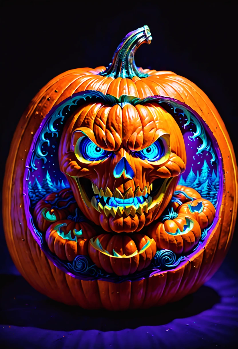 Pumpkin Carving art, blacklight art, 3D painting on Pumpkin, octane render, (best quality, masterpiece, Representative work, official art, Professional, 8k:1.3)