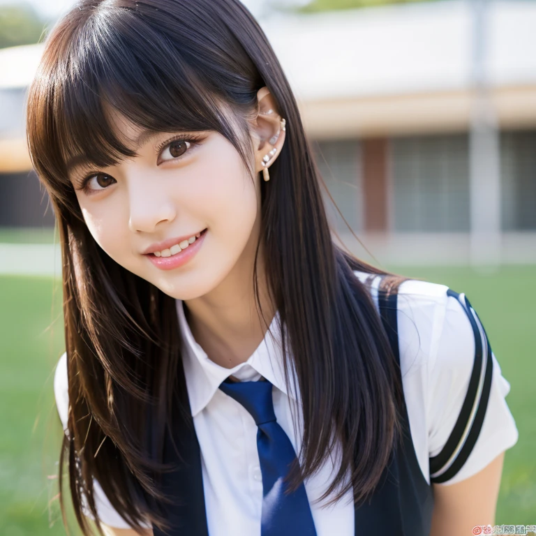 ultra high resolution, the best, 8K, realistic, university student, Beautiful woman, adult charm,very , looking at the camera,big breasts, sexy look, Between the arms to create cleavage, bring your chest closer, beautiful clavicle, beautiful navel, smile, smile, luster, Big eyes, student highlights, Clear double eyelids, eyelash, long neck, shortcut,boyish,dark black hair, bangs, attractive bangs, beautiful bangs, classroom, stick out your ears, tie,ribbon,Idol style, uniform, checked skirt, skin oil, luster on lips