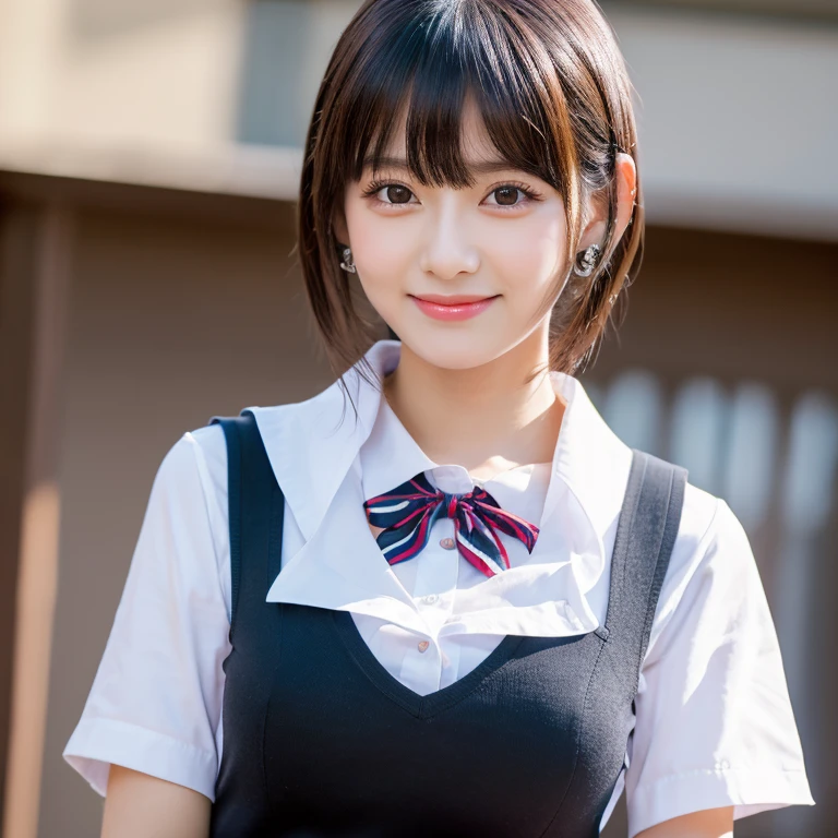 ultra high resolution, the best, 8K, realistic, university student, Beautiful woman, adult charm,very , looking at the camera,big breasts, sexy look, Between the arms to create cleavage, bring your chest closer, beautiful clavicle, beautiful navel, smile, smile, luster, Big eyes, student highlights, Clear double eyelids, eyelash, long neck, shortcut,boyish,dark black hair, bangs, attractive bangs, beautiful bangs, classroom, stick out your ears, tie,ribbon,Idol style, uniform, checked skirt, skin oil, luster on lips