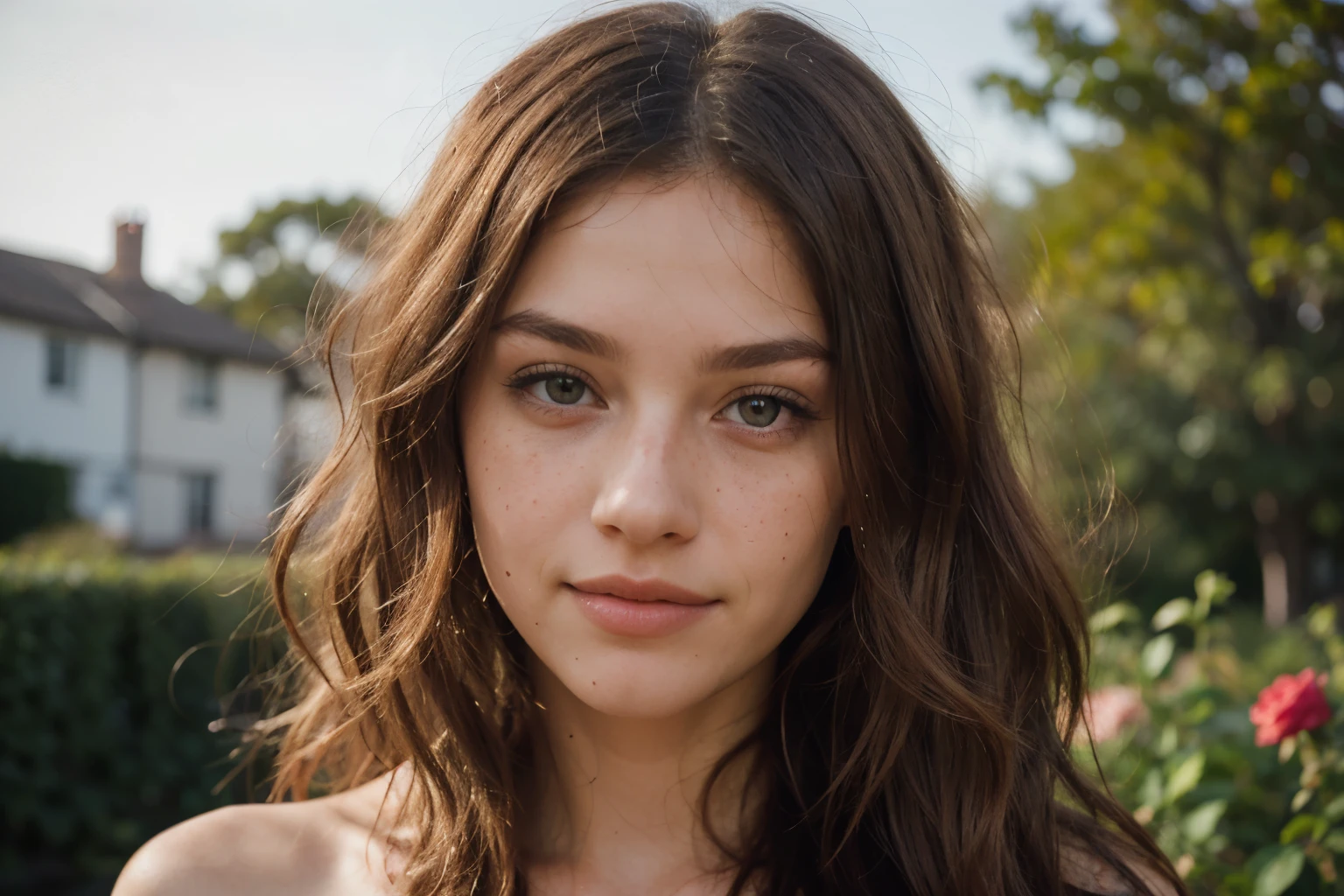 8k, RAW photo, Fujifilm, style photo of a beautiful young woman as avril in a garden of light pink roses (highly detailed skin: 1.2) Style-Petal BREAK short hair, blonde hair with colored locks, wearing a dress, film granulation, 35mm, cute style Woman, Brazilian, 20 y/o, (fair skin) w/ (freckles), (blue-gray eyes), (delicate nose), (soft, delicate lips), (long wavy ginger-hair), (sweet smile best quality), (masterpiece)