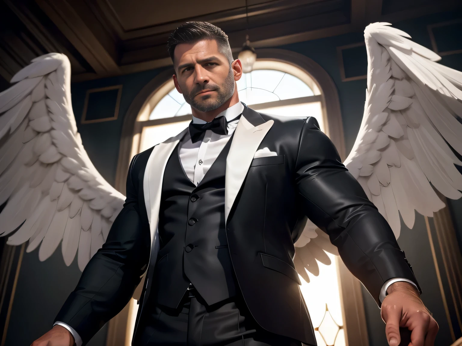 An award-winning original photo，A wild muscular man, (40 years old daddy:1.3), 1boy, Solo, european, muscled and mature, short haircut, (detailed face), smirks, solo, white skin, muscular, muscle man, tall, hunk, big biceps, abs, wide shoulder, facial hair, black short hair, wearing a black and white tuxedo, viewer looking, high resolution:1.2, best quality, smile, (a male angel with big white wings), open arms, angel, white feathers wings, remote camera, full body, Dynamic Angle, volumetric lighting, (Best quality, A high resolution, Photorealistic), Cinematic lighting, Masterpiece, RAW photo, Intricate details, hdr, depth of field, from below, upper body shot, close up face