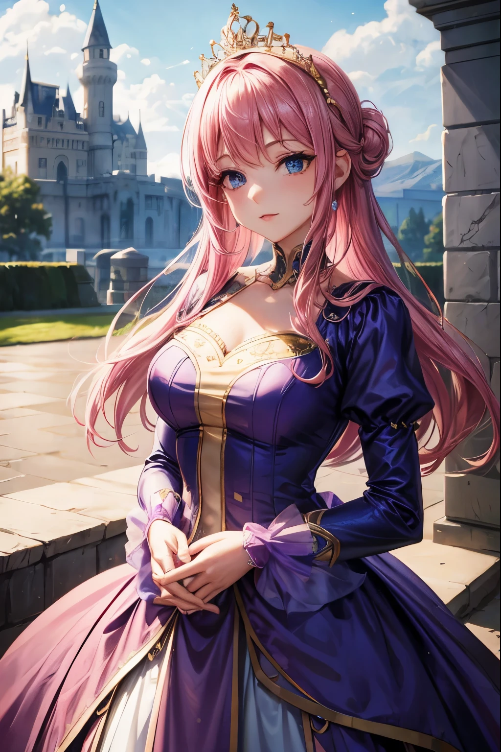 pink hair tied with bangs at the front, blue eyes, wearing a royal violet dress with shiny dots on the train, wearing satin gloves, keeping her hands together in an royal elegant pose, has touches of gold and carries a crown of counts on her head, salon castle.