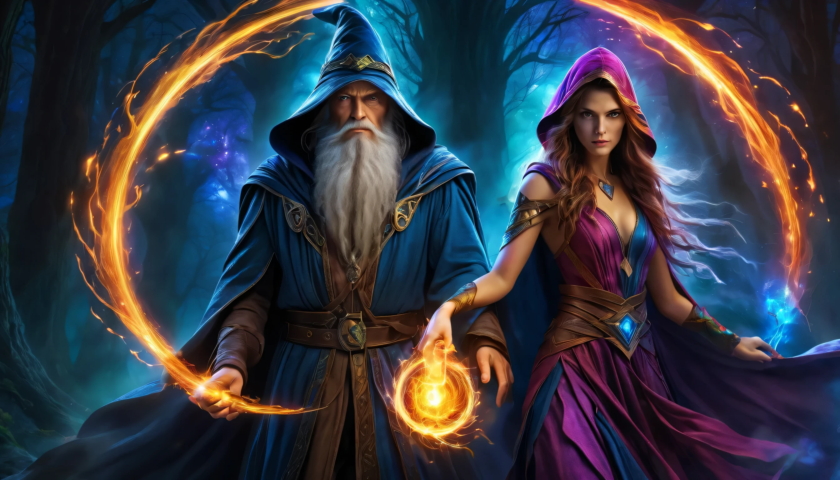 Realistic, high-definition | ultra HDR, depicts a powerful wizard and his sorceress companion, both youthful figures surrounded by a mystical atmosphere pulsating with the energy of power and love, manifested in vibrant colors. Their enchanting aura serves as a protective force, warding off darkness and shielding against malevolent forces in the shadows