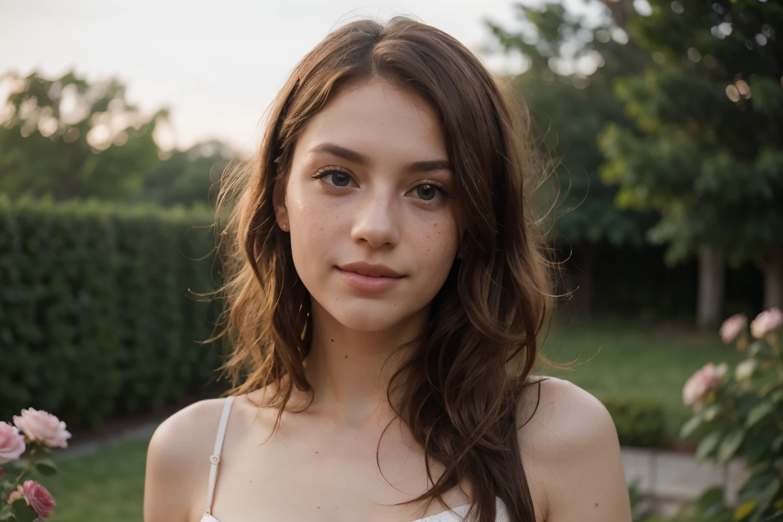 A photorealistic portrait of a 18 -year-old perfect french girl with long, flowing red hair and striking green eyes. She should have a natural, approachable expression and be illuminated by soft, golden-hour sunlight. The background should be a scenic outdoor setting, perhaps a sunlit park or beach. Capture this image with a high-resolution photograph using an 85mm lens for a flattering perspective.