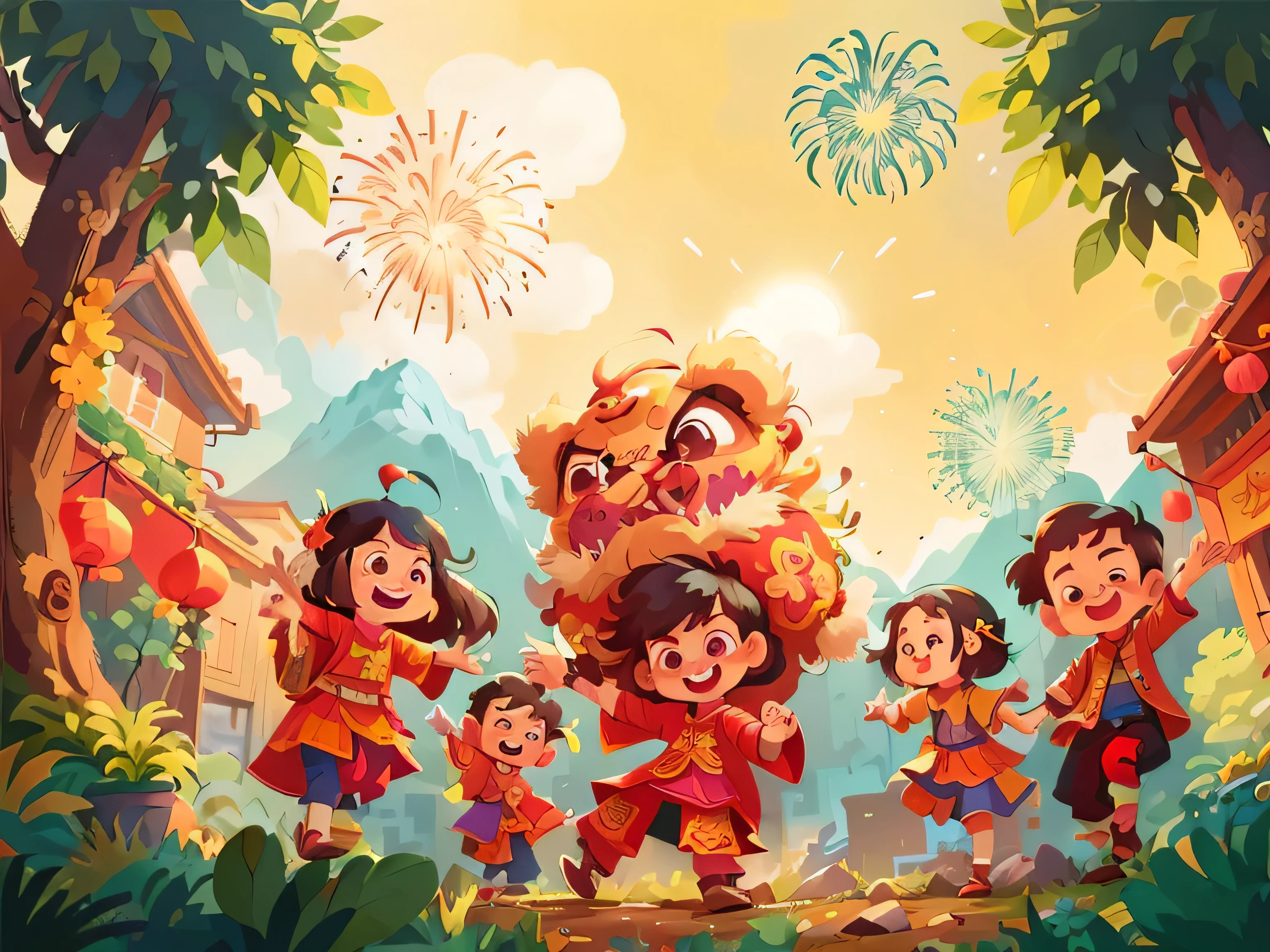 cartoon illustration of a group of ethenic children in vietnam costumes with happy face, smile face, the mountain backgound with firework on sky, lunar new year asmosphere, Tet Holiday, Tet Traditional Viet Nam, dragon year, a beautiful artwork illustration, official artwork, childrens art in artstation, in the style of sachin teng, by Ryan Yee, by Qu Leilei, colorful kids book illustration, by Yang J, inspired by Pu Hua, official illustration, sachin teng, jen bartel, game illustration, official art, by Li Song