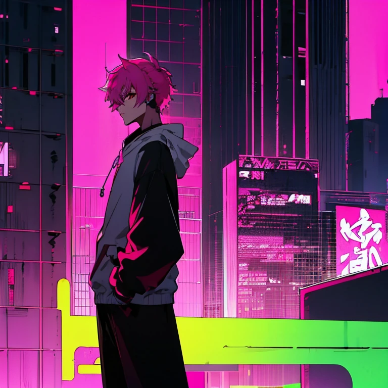 (shortcut), (two block hair), (bright pink hair), (male character), (red eyes), (cool pose), (top quality), (masterpiece), (Super detailed), (oversized hoodie), (Street style), (neon), (modern city), (neonデイライト), (cinematic), (stylish), (High resolution), (hyper-detailed), (soft town), (Nightcore), (a handsome guy), (wearing headphones), (natural appearance of the building), (casual), (IG studio anime style), (standing pose), (Camera from low angle from the front),