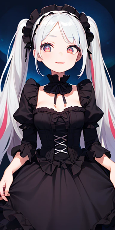 (silver hair,colorful fluorescence multicolored hair:1.5,twintails:1.5), (masterpiece, sidelights, exquisite beautiful eyes: 1.5), masterpiece*portrait, realistic, ((dark horror background:1.5)),(Gentle face:1.5),colorful,3D face,(cute face),front view: 1.6、 (glowing red eyes:1.2),(tareme:1.5)、(Gentle smile:1.5),((blue lip rouge:1.2)),Slim Body, shiny hair, shiny skin: 1.5、medium breasts,、solo,(stand)、(gothic lolita dress:1.5)、(charactor focus:1.5、portlate、eye focus,cowboy shot)、bright atmosphere,intricatedetails