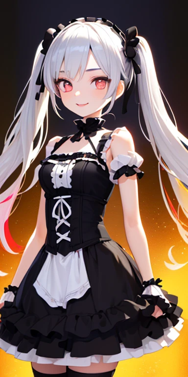 (silver hair,colorful fluorescence multicolored  hair:1.5,twintails:1.5), (masterpiece, sidelights, exquisite beautiful eyes: 1.5), masterpiece*portrait, realistic, ((dark horror background:1.5)),(Gentle face:1.5),colorful,3D face,(cute face),front view: 1.6、 (glowing red eyes:1.2),(tareme:1.5)、(Gentle smile:1.5),((blue lip rouge:1.2)),Slim Body, shiny hair, shiny skin: 1.5、medium breasts,、solo,(stand)、(gothic lolita dress:1.5)、(charactor focus:1.5、portlate、eye focus,cowboy shot)、bright atmosphere,intricatedetails