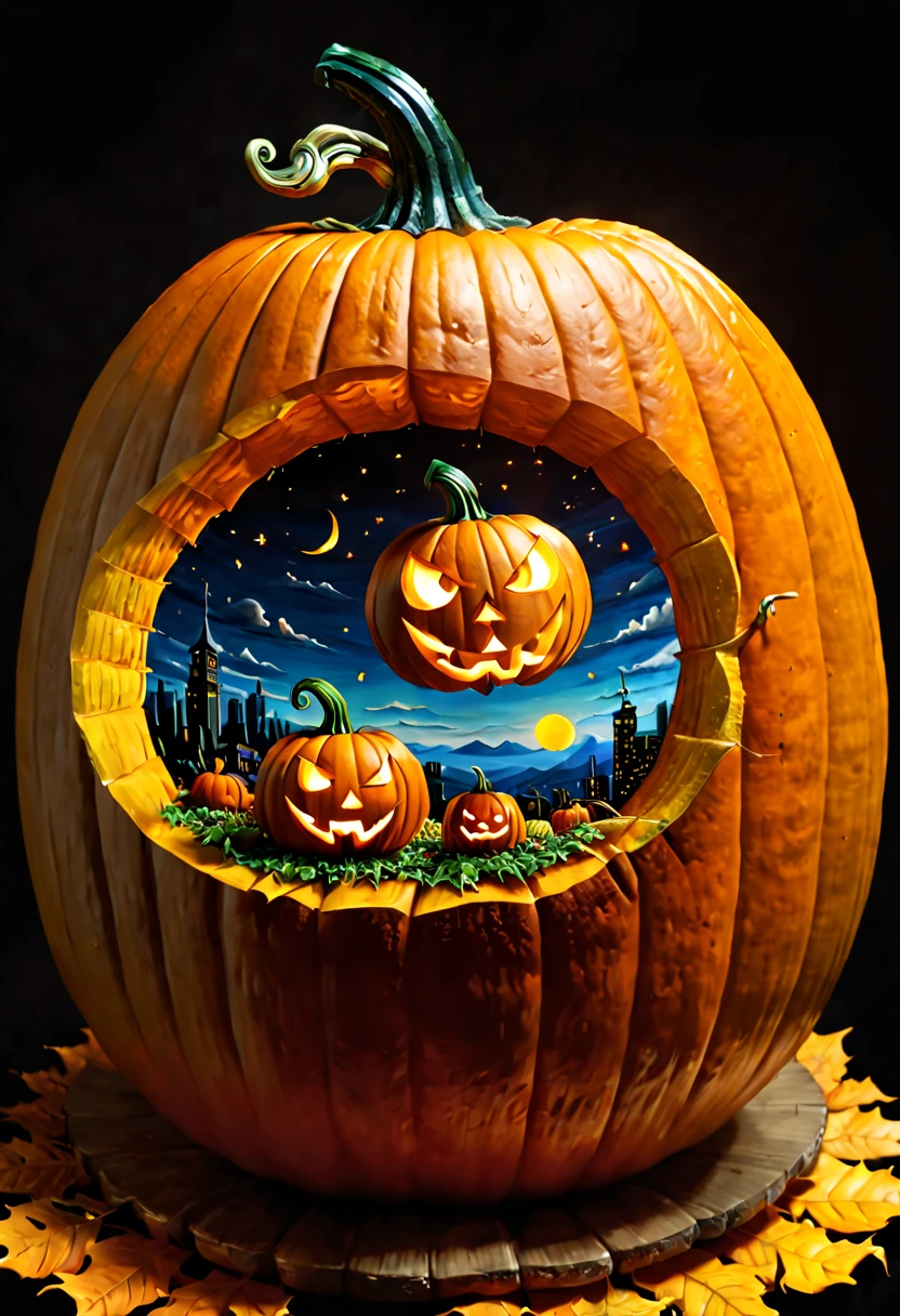 Pumpkin Carving art, 3D painting on Pumpkin, octane render, (best quality, masterpiece, Representative work, official art, Professional, 8k), (by Satoshi Kon)
