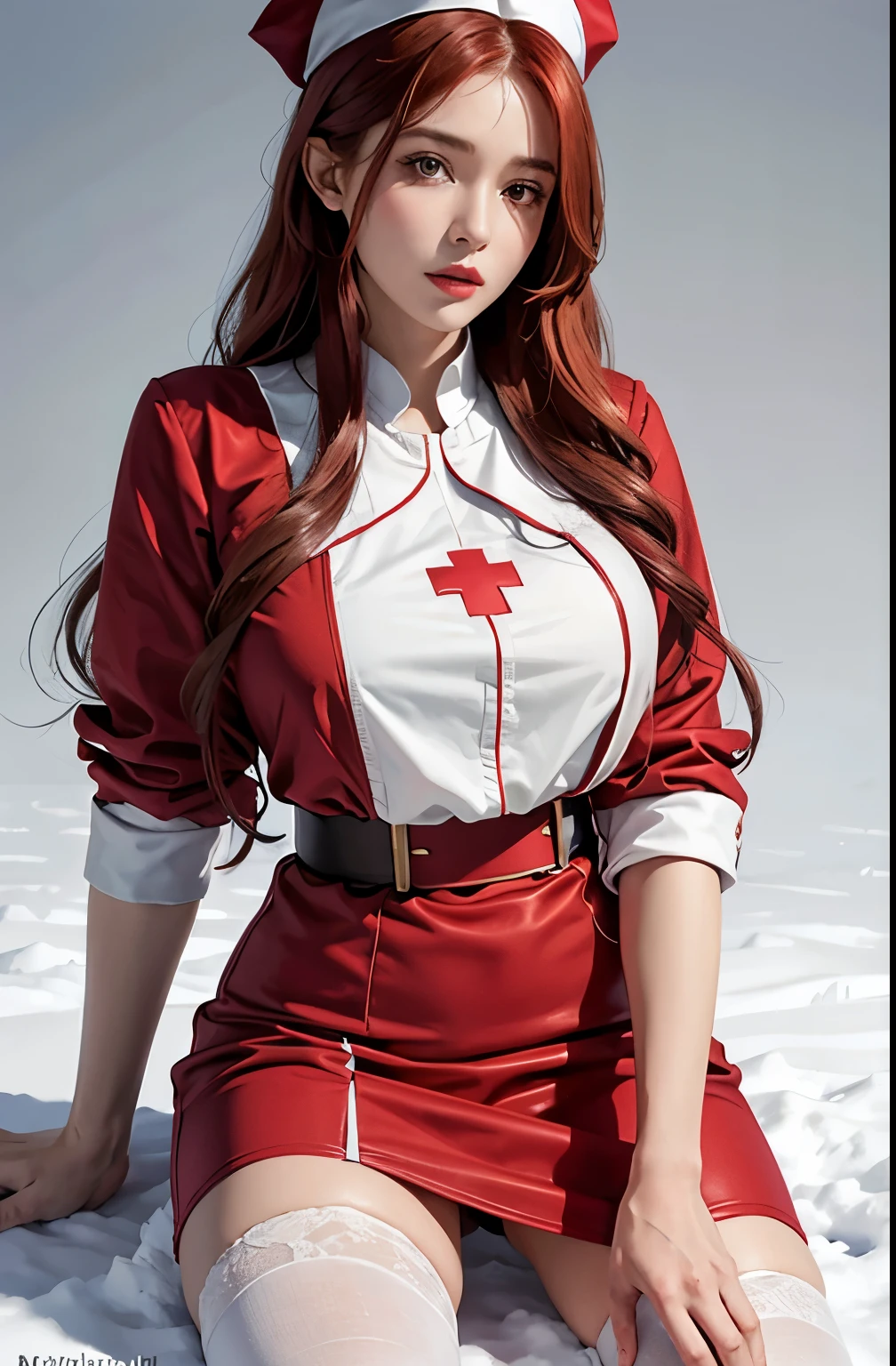 Photorealistic, high resolution, 1womanl, Solo, Hips up, view the viewer, (Detailed face),Red hair, Long hair, Nurse outfit, Stockings，Snow background