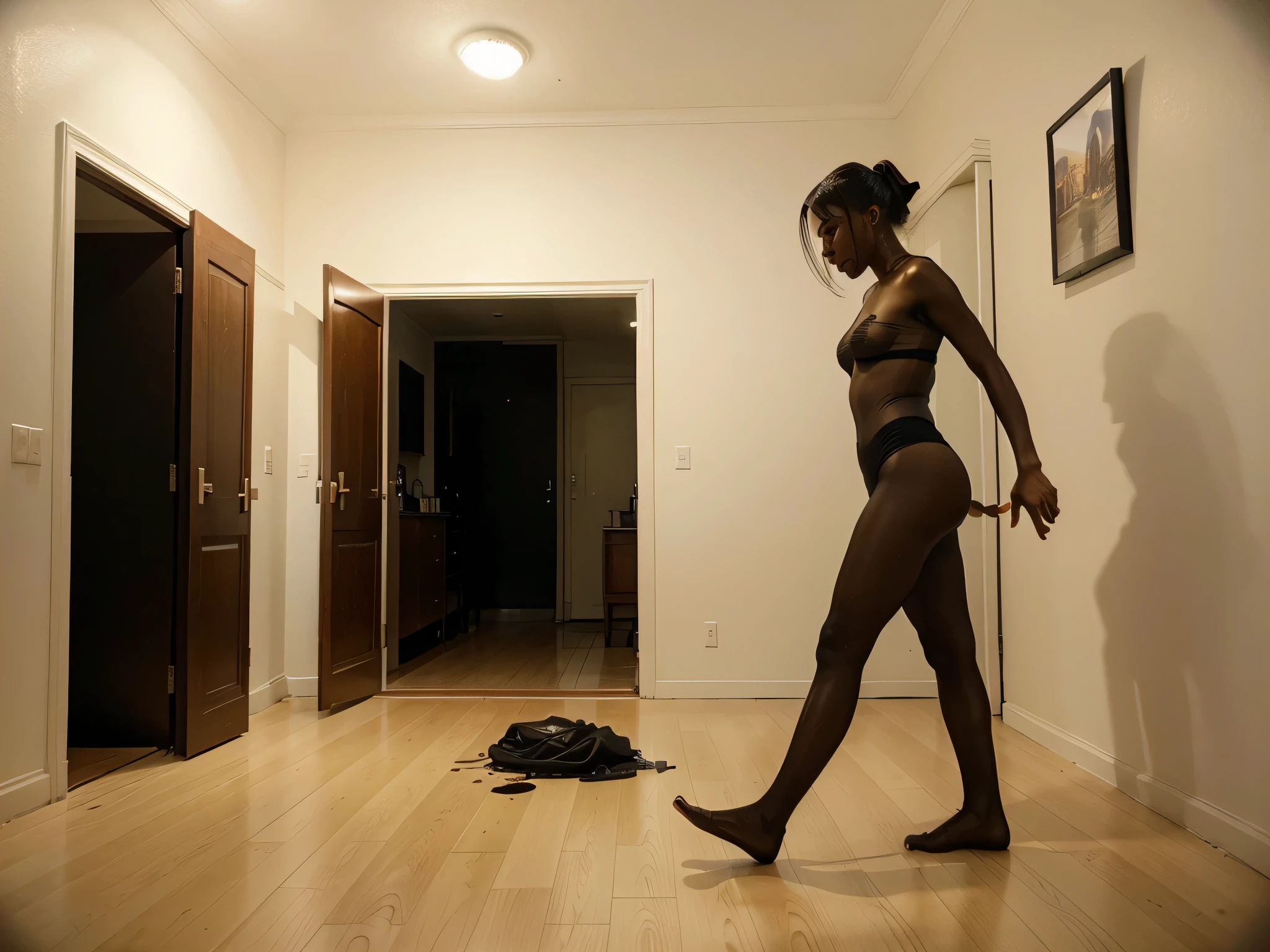 a human-like but distorted and hyper-surreal piece of organic matter is walking around the apartment from one side to the other doing very strange things in nonsensical positions
