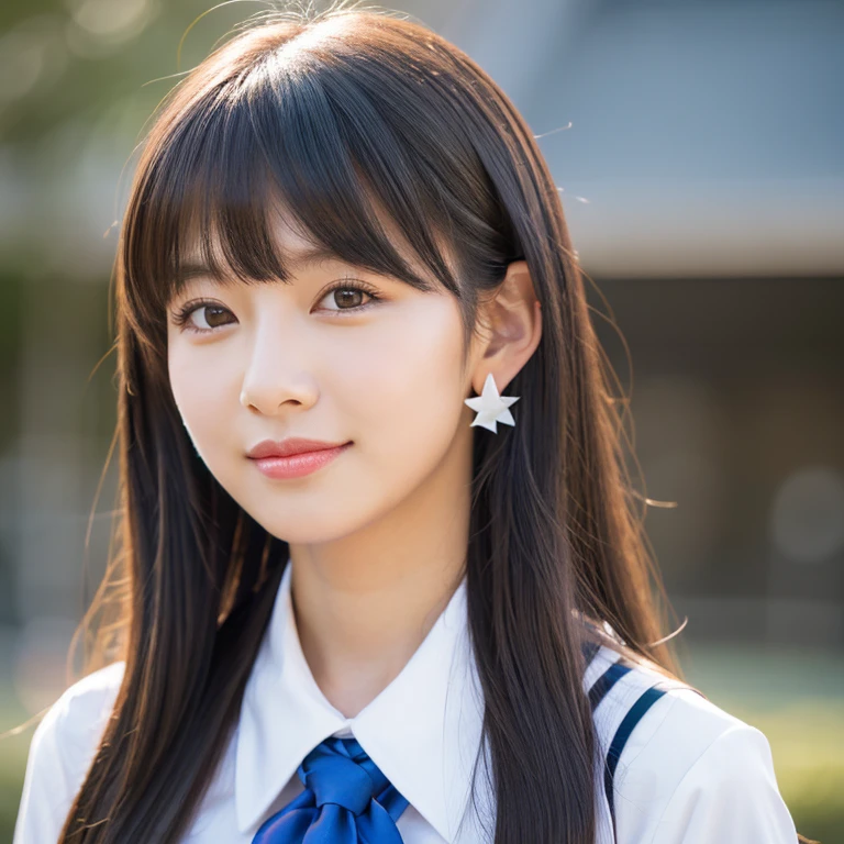 ultra high resolution, the best, 8K, realistic, university student, Beautiful woman, adult charm,very , looking at the camera,big breasts, sexy look, cleavage, bring your chest closer, beautiful clavicle, beautiful navel, smile, smile, luster, Big eyes, student highlights, Clear double eyelids, eyelash, long neck, long hair,Lady,dark black hair, bangs, attractive bangs, beautiful bangs, classroom, stick out your ears, tie,ribbon,Idol style, uniform, checked skirt, skin oil, luster on lips