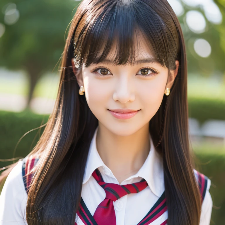 ultra high resolution, the best, 8K, realistic, university student, Beautiful woman, adult charm,very , looking at the camera,big breasts, sexy look, cleavage, bring your chest closer, beautiful clavicle, beautiful navel, smile, smile, luster, Big eyes, student highlights, Clear double eyelids, eyelash, long neck, long hair,Lady,dark black hair, bangs, attractive bangs, beautiful bangs, classroom, stick out your ears, tie,ribbon,Idol style, uniform, checked skirt, skin oil, luster on lips