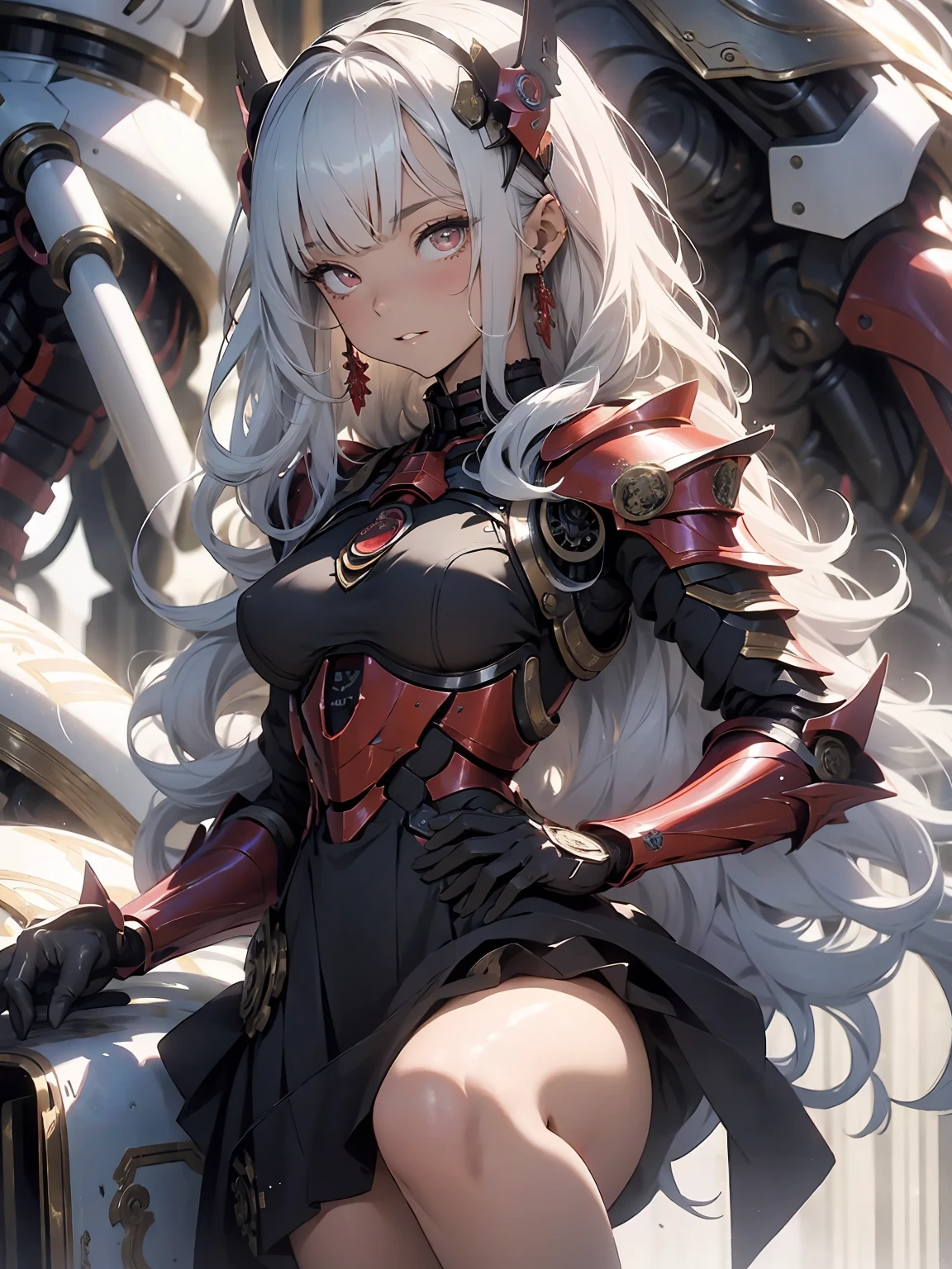 bokeh, masterpiece, best quality, high quality, absurdres, highres, 8k, 4k, (full body:1.3), (mecha musume:0.8), armor, older, expressionless, long silver hair, hair between eyes, sidelocks, (grey eyes:1.4), from below, looking down, medium breasts, red cloak, crown, red eyeliner, red, black, silver