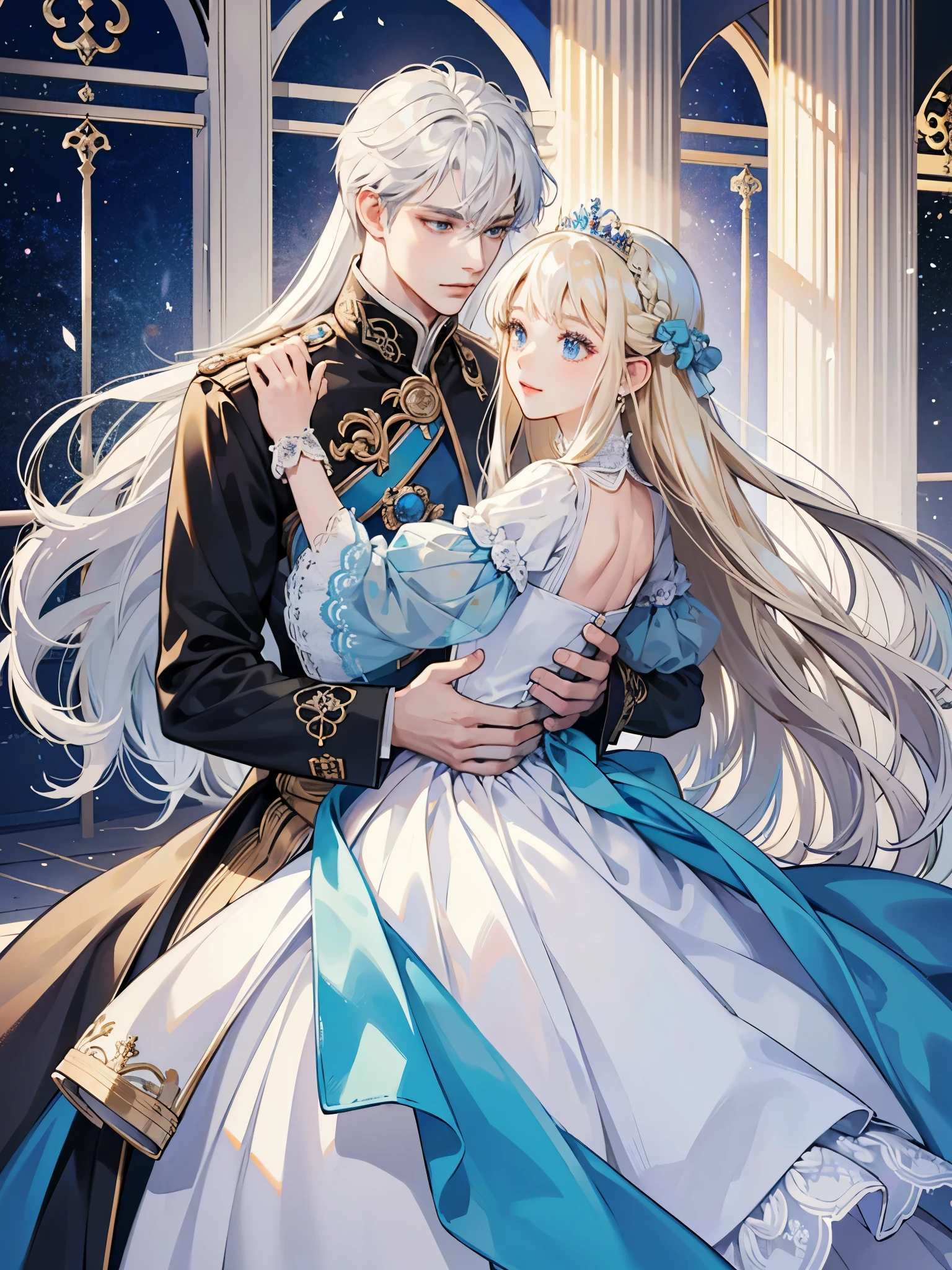 ((highest quality))、((masterpiece)) White and blue princess dresses、light、Girl with long white hair、palace、Brilliant、happy man and woman dancing waltz、blonde blue-eyed man、detailed face、Woman with white hair、high resolution、the face becomes clearer、party、Prince and Princess