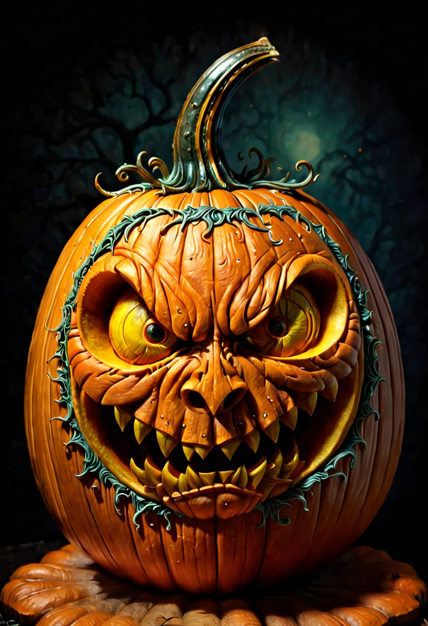 Pumpkin Carving art, 3D Carving on Pumpkin, octane render, (best quality, masterpiece, Representative work, official art, Professional, 8k), (by Andy Kehoe)