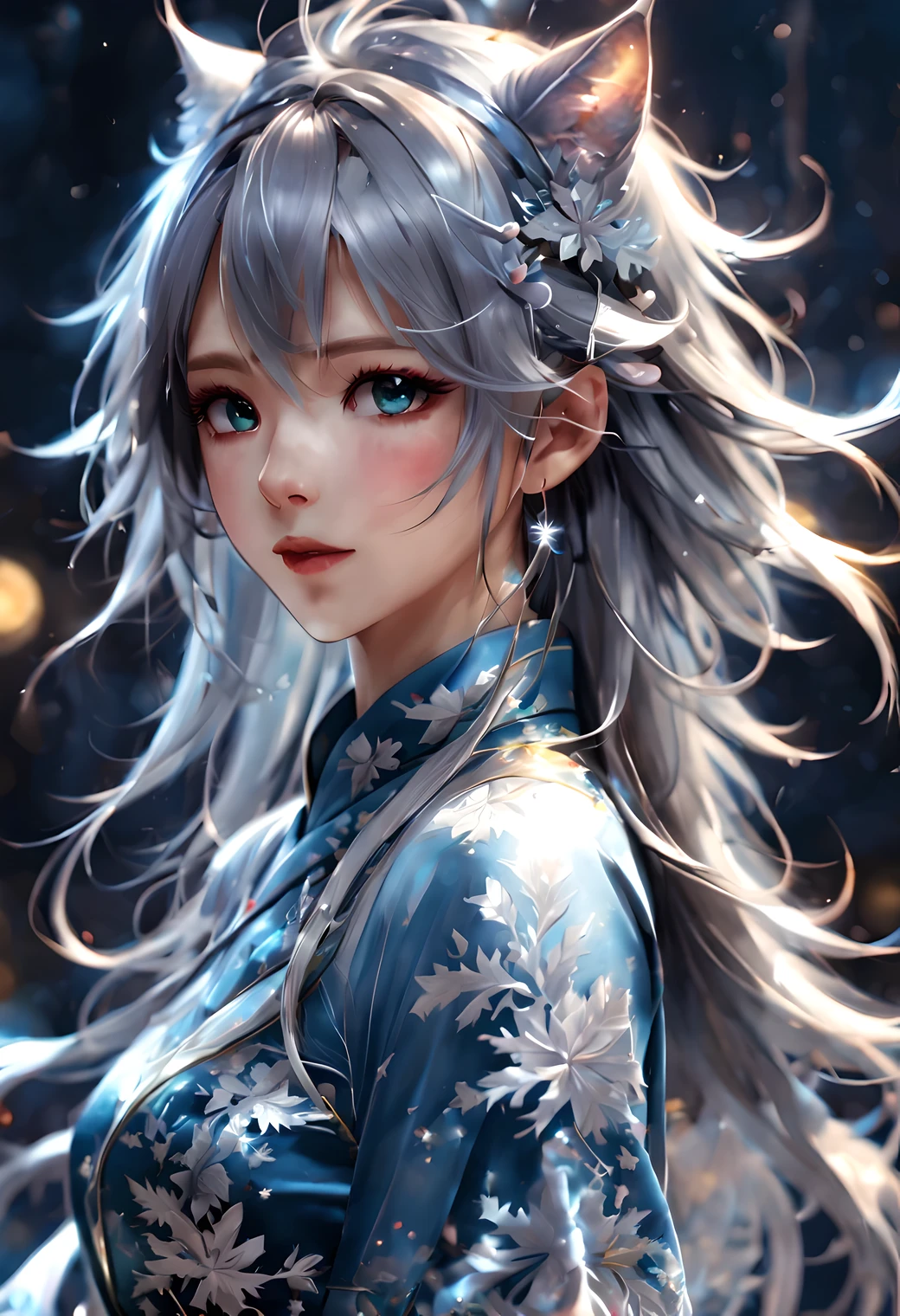 (masterpiece,best quality,official art, Extremely detailed CG unified 8k wallpaper,ridiculous,8K resolution,yukivo,There are moles under the eyes,Color contact lenses,Cat's mouth,Awkward,long hair,silver hair,hair behind ears,ribbontrim,(cheongsam:1.4),(transparent clothes:1.2),Lei Zigui,Ice crystal texture,looking in the mirror,skirt lift,In winter,snowflake,Chinese Valentine's Day'Day,Cinema lighting)