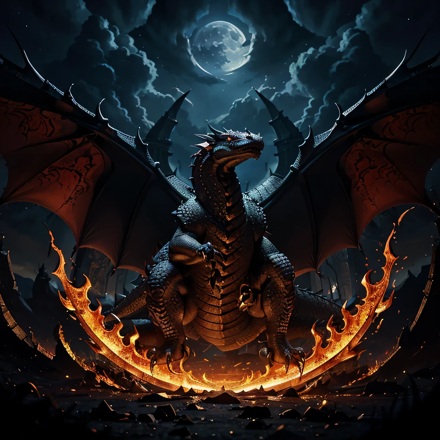  A fierce dragon emblem for a t-shirt, the dragon intricately designed with glowing eyes, surrounded by swirling flames and intricate scales, set against a dark, moonlit sky, conveying a sense of power and mystery, Illustration, digital art