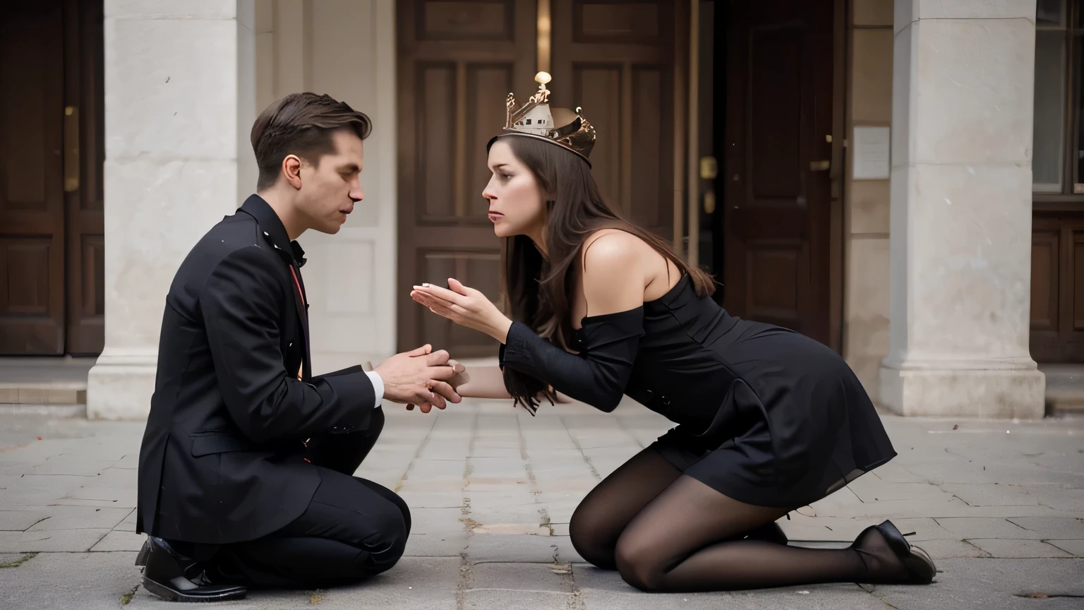 Draw a picture of a poor person, disgraced man kneeling before a woman begging and pleading for attention.
The woman is ignoring him with disdain, She has a crown on her head, porque ela se acha rainha e muito importante.
The woman is standing, and he is kneeling before him.

The surrounding scenery should be based on stoicism