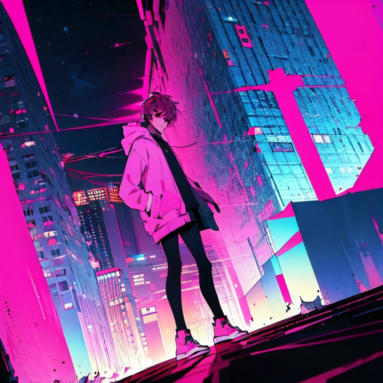 (shortcut), (two block hair), (bright pink hair), (male character), (red eyes), (cool pose), (top quality), (masterpiece), (Super detailed), (oversized hoodie), (Street style), (neon), (modern city), (neonデイライト), (cinematic), (stylish), (High resolution), (hyper-detailed), (soft town), (Nightcore), (a handsome guy), (wearing headphones), (natural appearance of the building), (casual), (IG studio anime style), (standing pose), (Camera from low angle from the front),