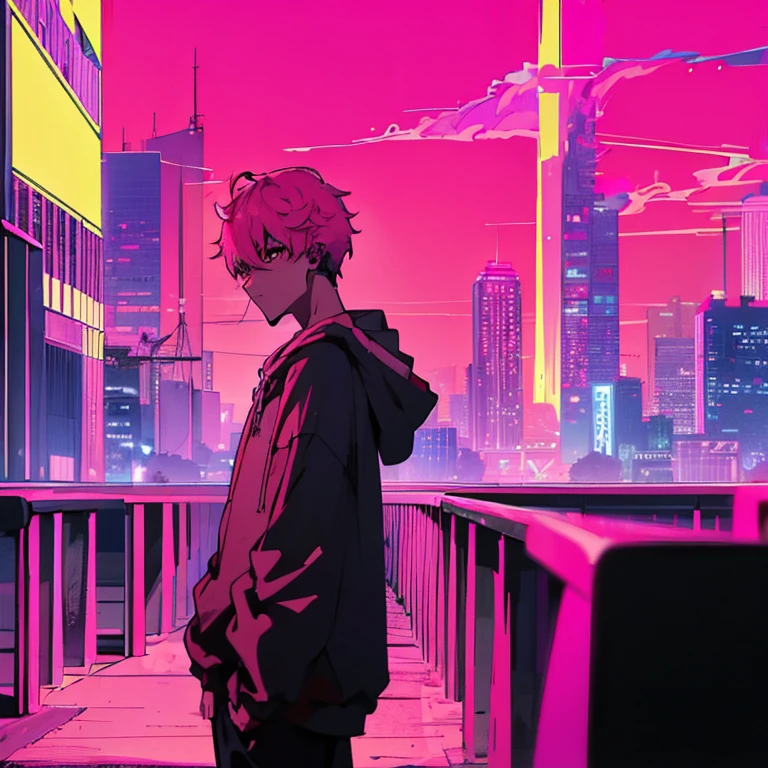 (shortcut), (two block hair), (bright pink hair), (male character), (red eyes), (cool pose), (top quality), (masterpiece), (Super detailed), (oversized hoodie), (Street style), (neon), (modern city), (neonデイライト), (cinematic), (stylish), (High resolution), (hyper-detailed), (soft town), (Nightcore), (a handsome guy), (wearing headphones), (natural appearance of the building), (casual), (IG studio anime style), (standing pose), (Camera from low angle from the front),