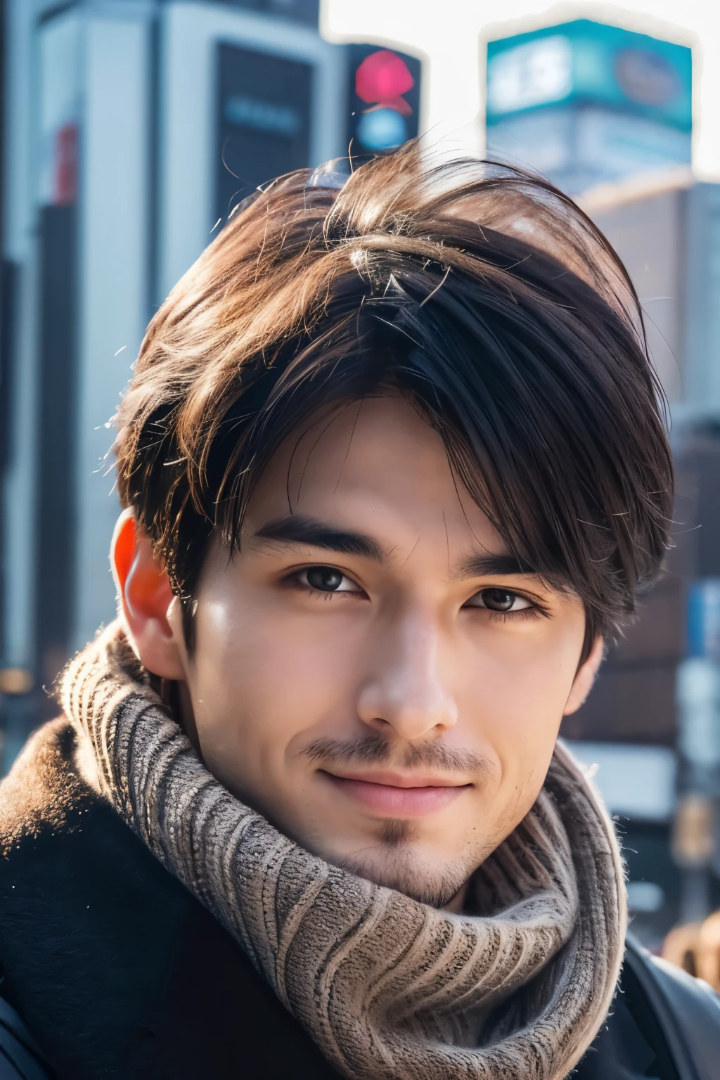 Photorealsitic, 8K full body portrait, a handsome, a 25-year-old man, A charming expression, detailed face details, TOKYOcty, Winters, Shibuya in the background