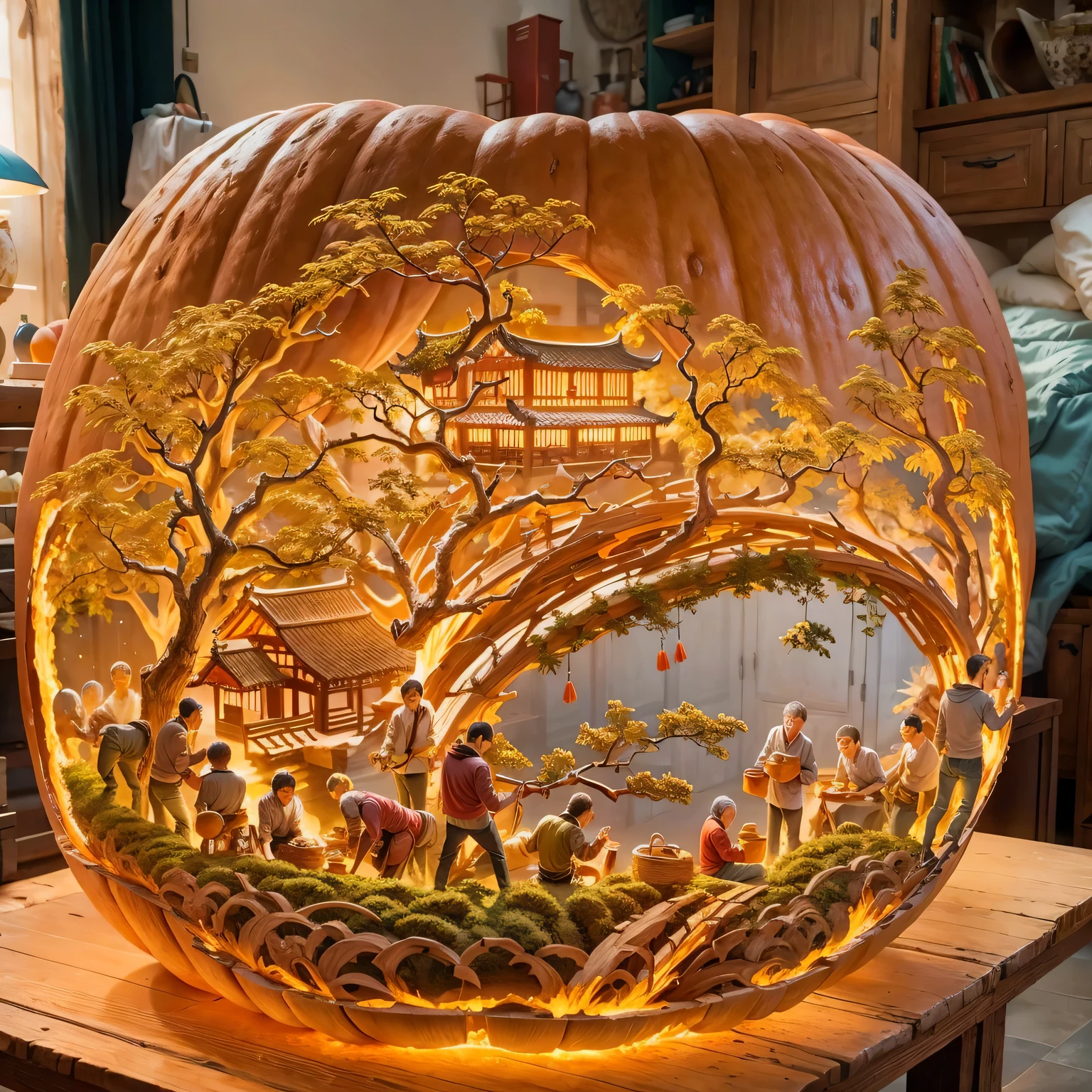 Carving a Chinese pastoral scene on a pumpkin