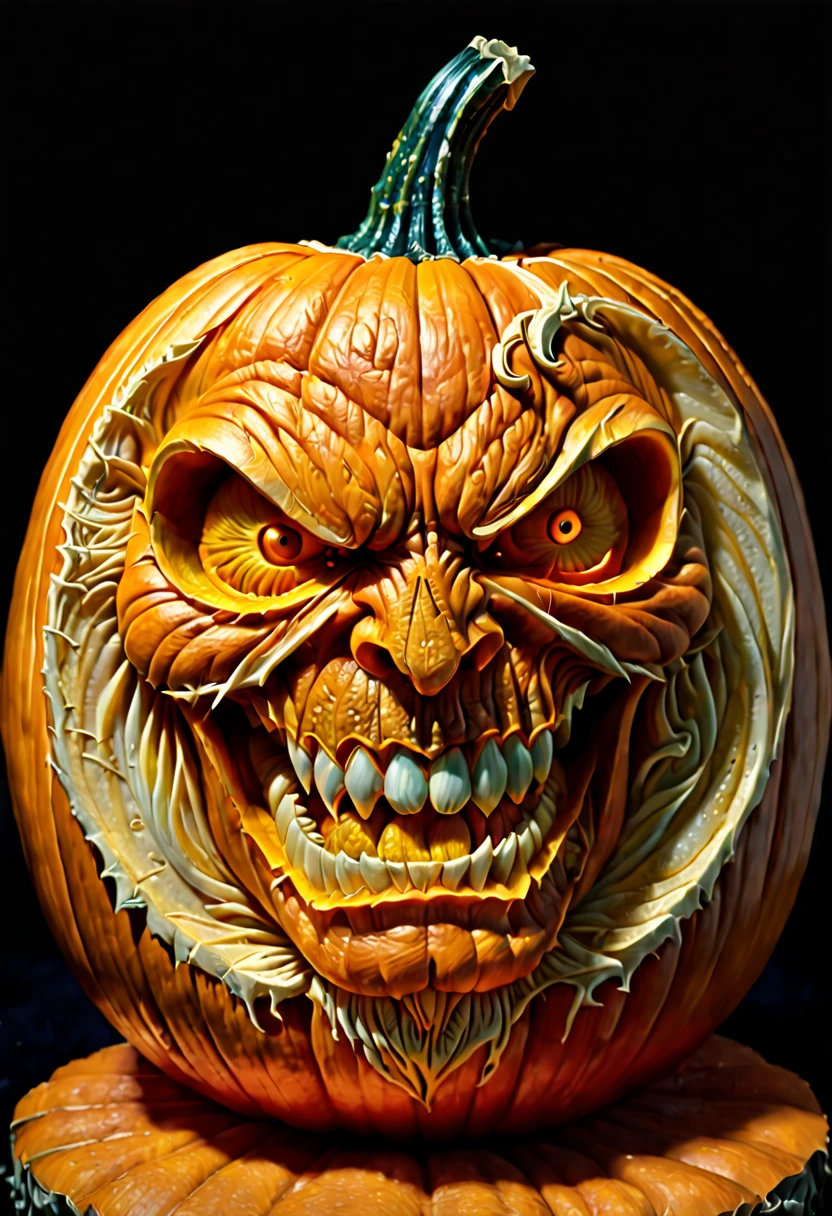 Pumpkin Carving art, 3D relief on Pumpkin, octane render, (best quality, masterpiece, Representative work, official art, Professional, 8k), (by Brian Bolland and Neal Adams)