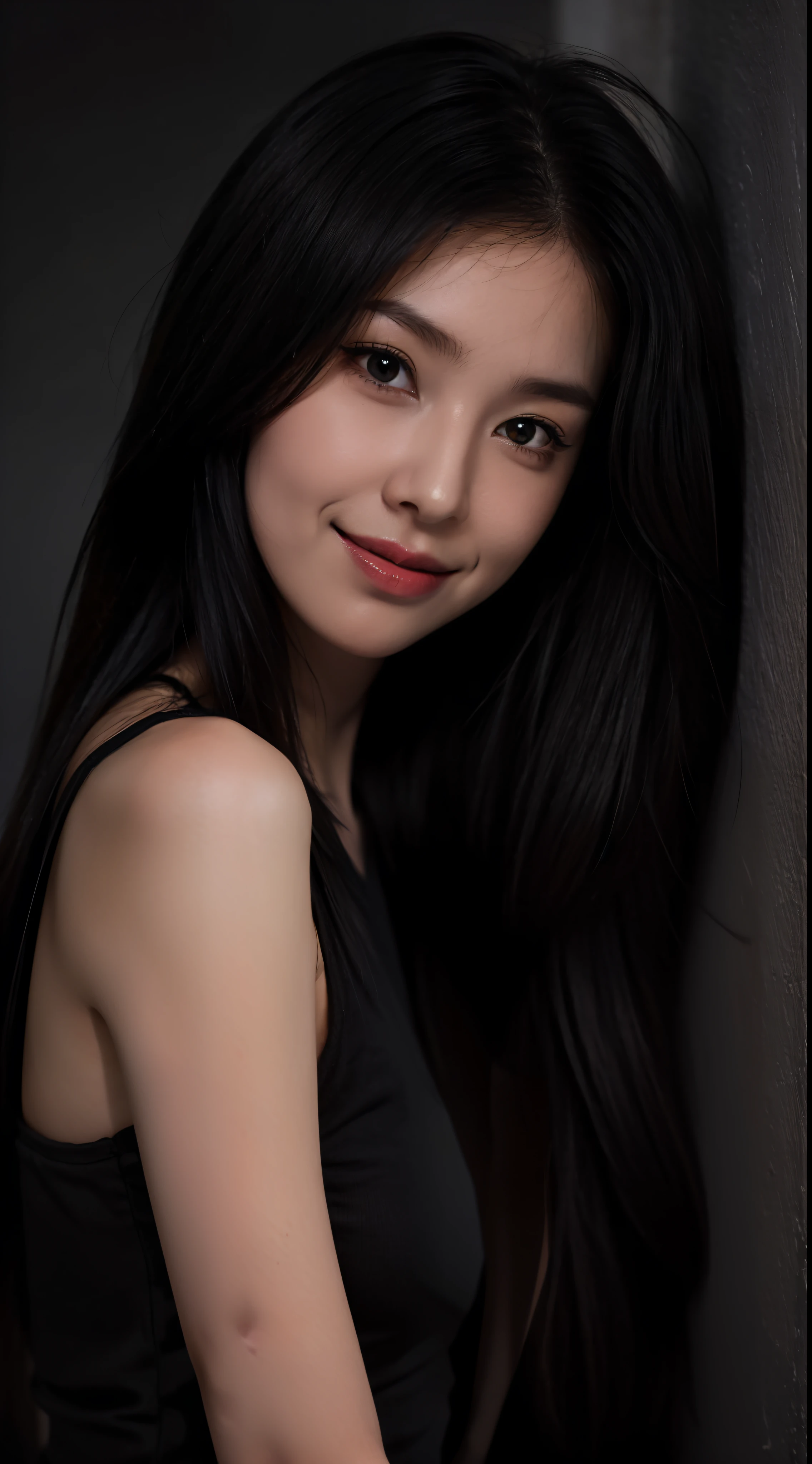 1 girl,fake smile,medium long hair,in the darkness,deep shadow