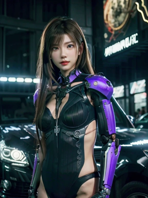 masterpiece、live-action、Over-the-knee portrait、((purple, green and black plug suit)), ((beautiful girl:1.2))、mechanized body、Mechanized chest and abdomen、mechanized occiput、Light brown semi-long hair, almost black、long eyes、Mechanized leg rack metallic suit that perfectly fits the body、Have an assault rifle、(Decadent background after the battle)、artificial body、abdominal mechanism、((robot arm and hand))、((robot legs))、((machine neck))、Inside the spaceship、beautiful girl、19 years old、asian beauty, Actuator and cable are exposed in the abdomen、cyborg、150mm、beautiful studio soft light、rim light、vivid details、gorgeous cyberpunk、surreal、anatomical、facial muscles、cable wire、elegant、beautiful background、octane rendering、HR giger style、8K、highest quality、very delicate and beautiful、 Highly detailed CG、(real、photorealistic:1.37)、amazing details、Highly Detaild CG Unity 8k wallpaper、Full body Esbian、