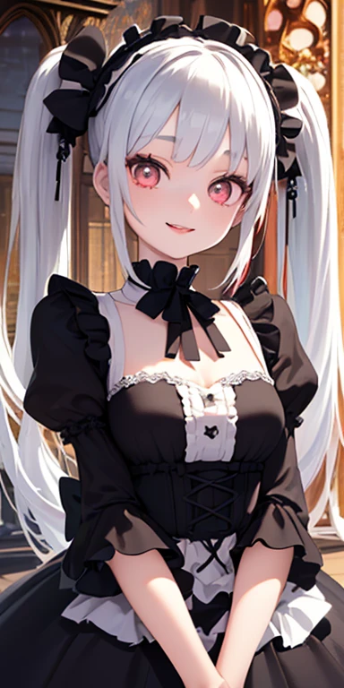 (silver hair,colorful fluorescence multicolored  hair:1.5,twintails:1.5), (masterpiece, sidelights, exquisite beautiful eyes: 1.5), masterpiece*portrait, realistic, ((dark horror background:1.5)),(Gentle face:1.5),colorful,3D face,(cute face),front view: 1.6、 (glowing red eyes:1.2),(tareme:1.5)、(Gentle smile:1.5),((blue lip rouge:1.2)),Slim Body, shiny hair, shiny skin: 1.5、medium breasts,、solo,(stand)、(gothic lolita dress:1.5)、(charactor focus:1.5、portlate、eye focus,cowboy shot)、bright atmosphere,intricatedetails