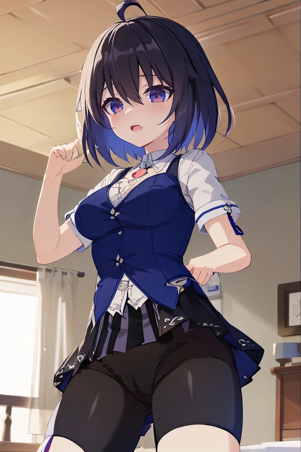 1 girl, best quality, ultra high res, ahoge, Seele Vollerei, looking at viewers, medium breast, standing, smile, open mouth, azure memories, short sleeves, Bike Shorts, bedroom, white bed sheets, pov, Skirt, Bike Shorts Under Skirt, Bike Shorts Detailed, HDR, chest tattoo, skirt hold, red eyes,