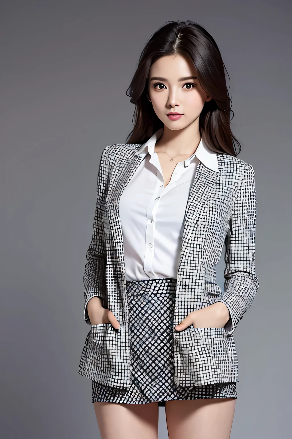 Crie um desenho animado com uma mulher elegante e alta, standing with legs open, detailed in high resolution, vestindo um blazer xadrez preto e branco e saia, elegantly positioned in front with left hand in pocket