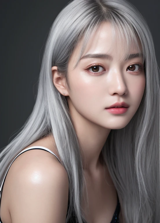 best quality,masterpiece,extremely detailed,high res,4k,ultra high res,detailed shadow,ultra realistic,realistic,dramatic lighting,1girl,solo,detailed face,realistic eyes,realistic skin,silver hair,dynamic pose, より現実的に,,額が広い、水平な眉毛、垂れ目、ショートヘア、真正面、黒キャミソール,upper body,shoulder-level shot,