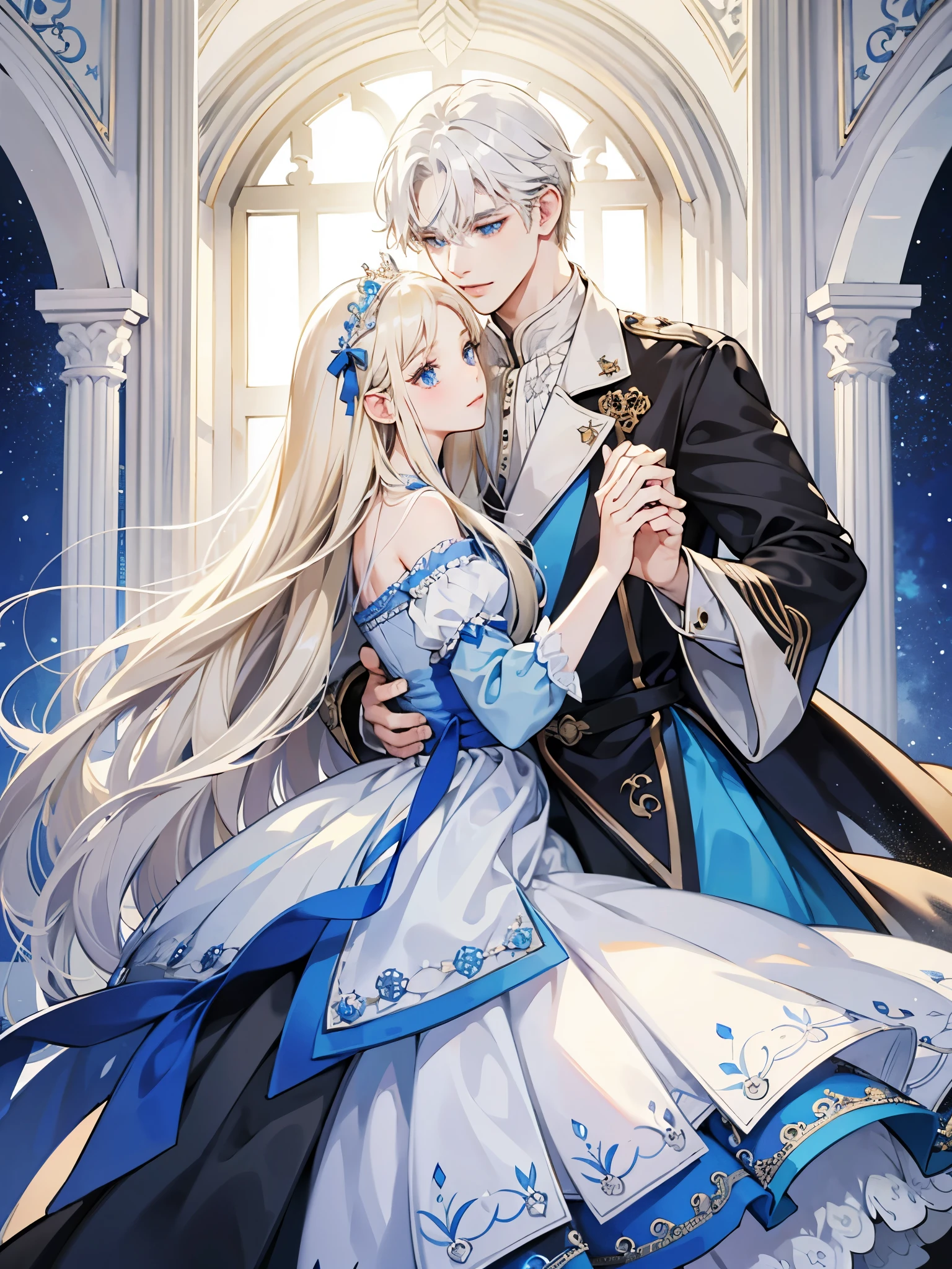 ((highest quality))、((masterpiece)) White and blue princess dresses、light、Girl with long white hair、palace、Brilliant、happy man and woman dancing waltz、blonde guy、detailed face、Woman with white hair、high resolution、the face becomes clearer、party、Prince and Princess、Man with short hair
