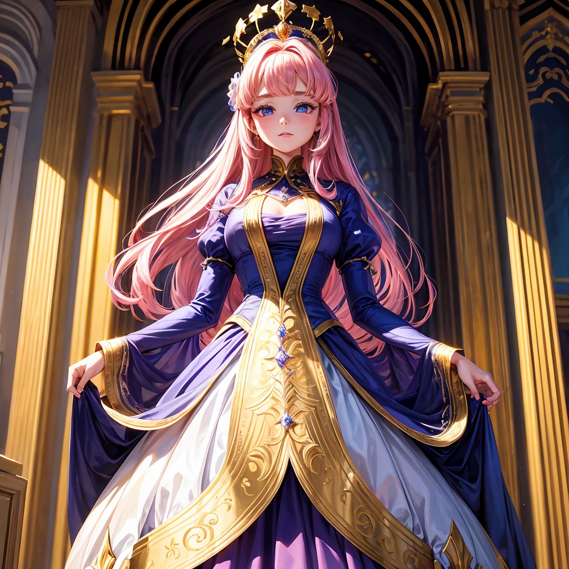Best quality, Masterpiece, a stunningly beautiful Greer Grammer as a royal wearing a stately and elaborat an hourglass waist and a voluminous crinoline hoopskirt, pink hair tied with bangs at the front, blue eyes, wearing a violet dress with shiny, wearing satin gloves, keeping her hands together in an elegant pose, has touches of gold and carries a crown of counts on her head