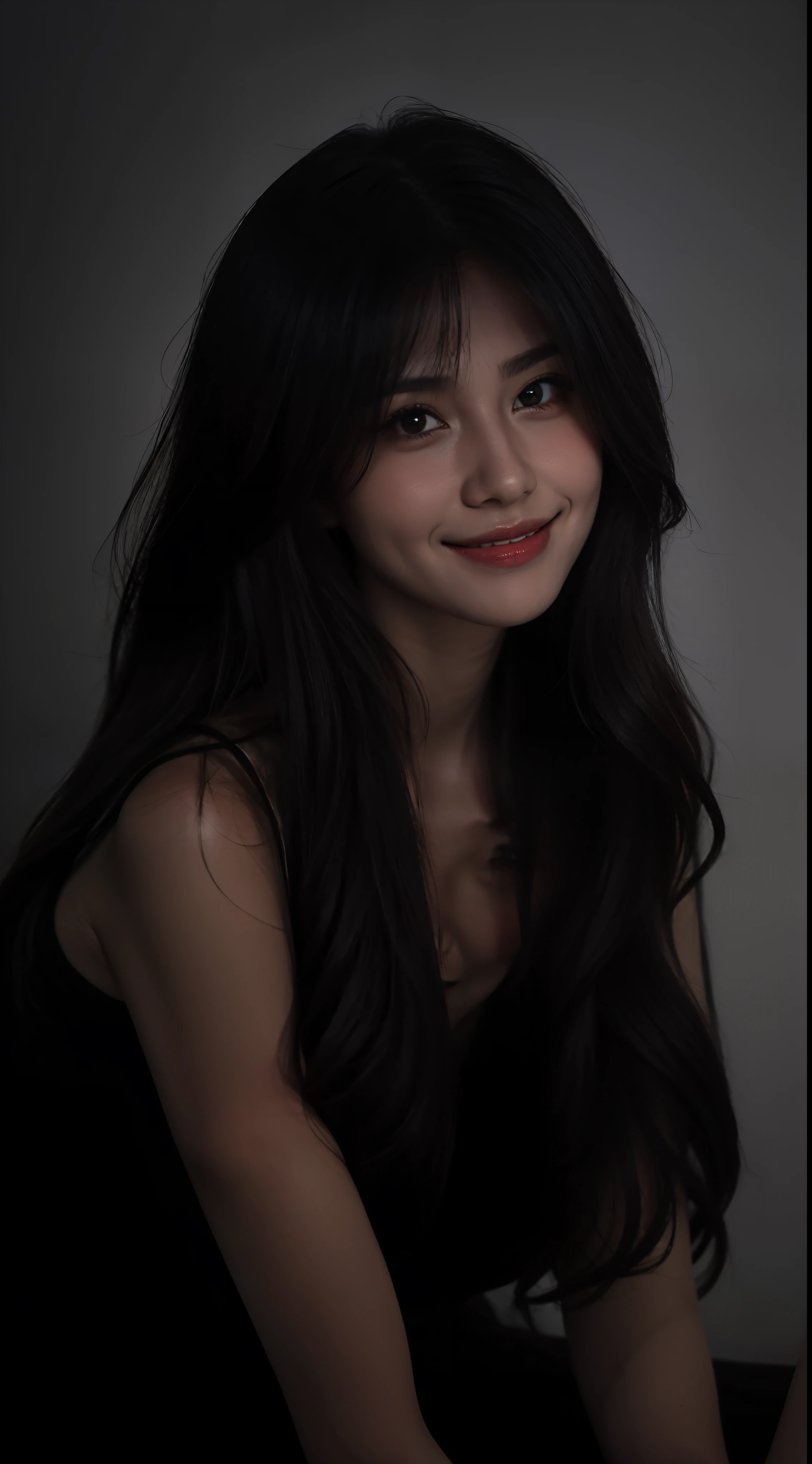1 girl,fake smile,medium long hair,in the darkness,deep shadow