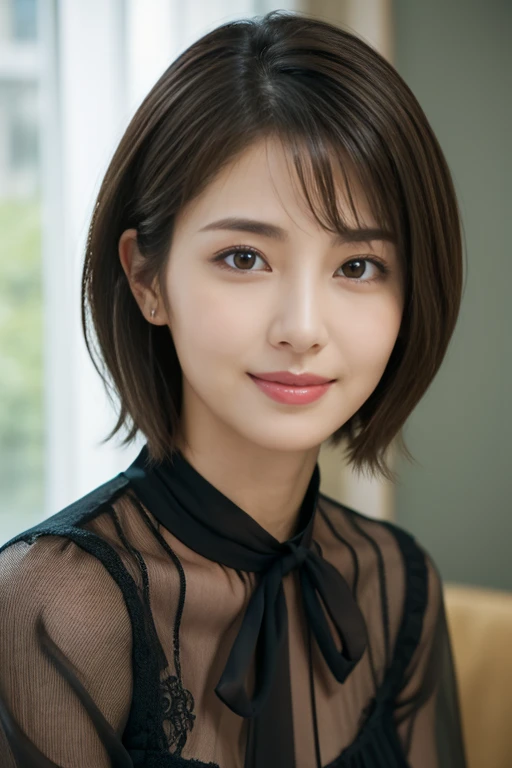 (RAW photo), (Photoreal), (masterpiece), (highest quality), High resolution, 8K, (intricate details), (light with volume), portrait, woman, 40 years old, short hair, straight hair , layered hair, brown hair, very fine eyes, Source Order, very thin eyebrows, Very fine skin, Very fine mouth, Very fine nose, cute like an idol, smile, (thick lips), (looking at the viewer), (elegant sheer collar blouse),Showa photo gallery，taking a portrait
