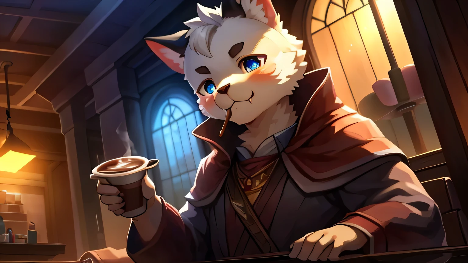 top quality, best quality, High quality illustrations, masterpiece, ultra high resolution, Detailed background, Detailed background, coffee店, drink, eat, coffee, staff, 6+boys, ridiculous(Very detailed beautiful face and eyes)perfect anatomy, Express, good lighting, movie shadows(Kanno, furry human),
