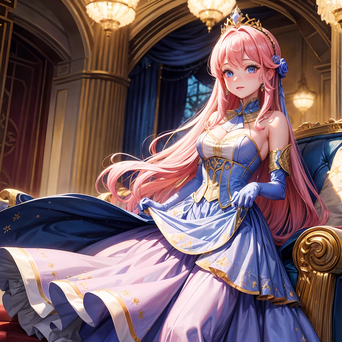 Best quality, Masterpiece, a stunningly beautiful Greer Grammer as a royal wearing a stately and elaborat an hourglass waist and a voluminous crinoline hoopskirt, pink hair tied with bangs at the front, blue eyes, wearing a violet dress with shiny, wearing satin gloves, keeping her hands together in an elegant pose, has touches of gold and carries a crown of counts on her head