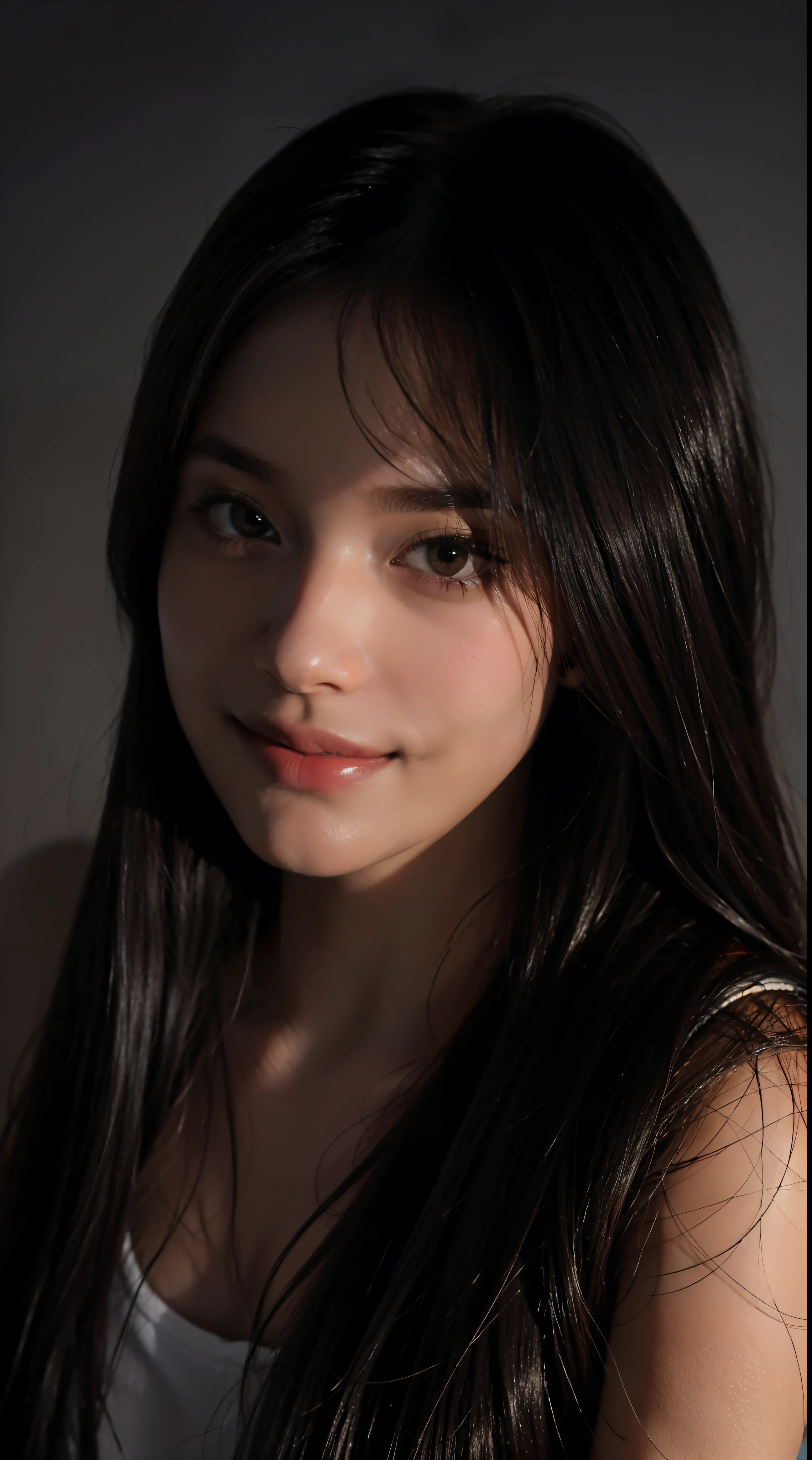 1 girl,fake smile,straight hair,in the darkness,deep shadow